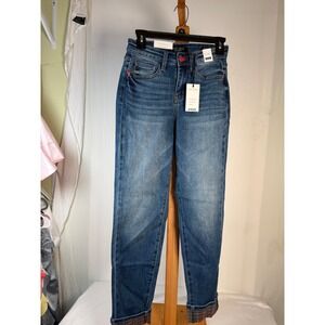 Judy Blue Plaid Cuffed Boyfriend Jeans Mid Rise Medium Wash JB88877 MD Size 0/24